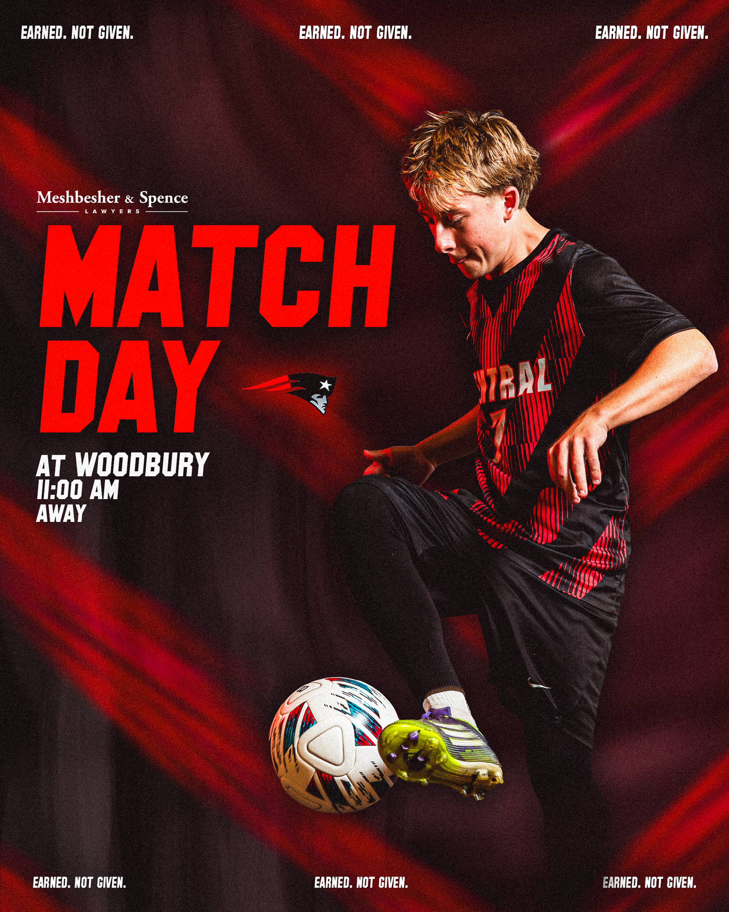 Soccer match day poster for an away game at Woodbury at 11AM, featuring a player kicking a ball on a bold red background.