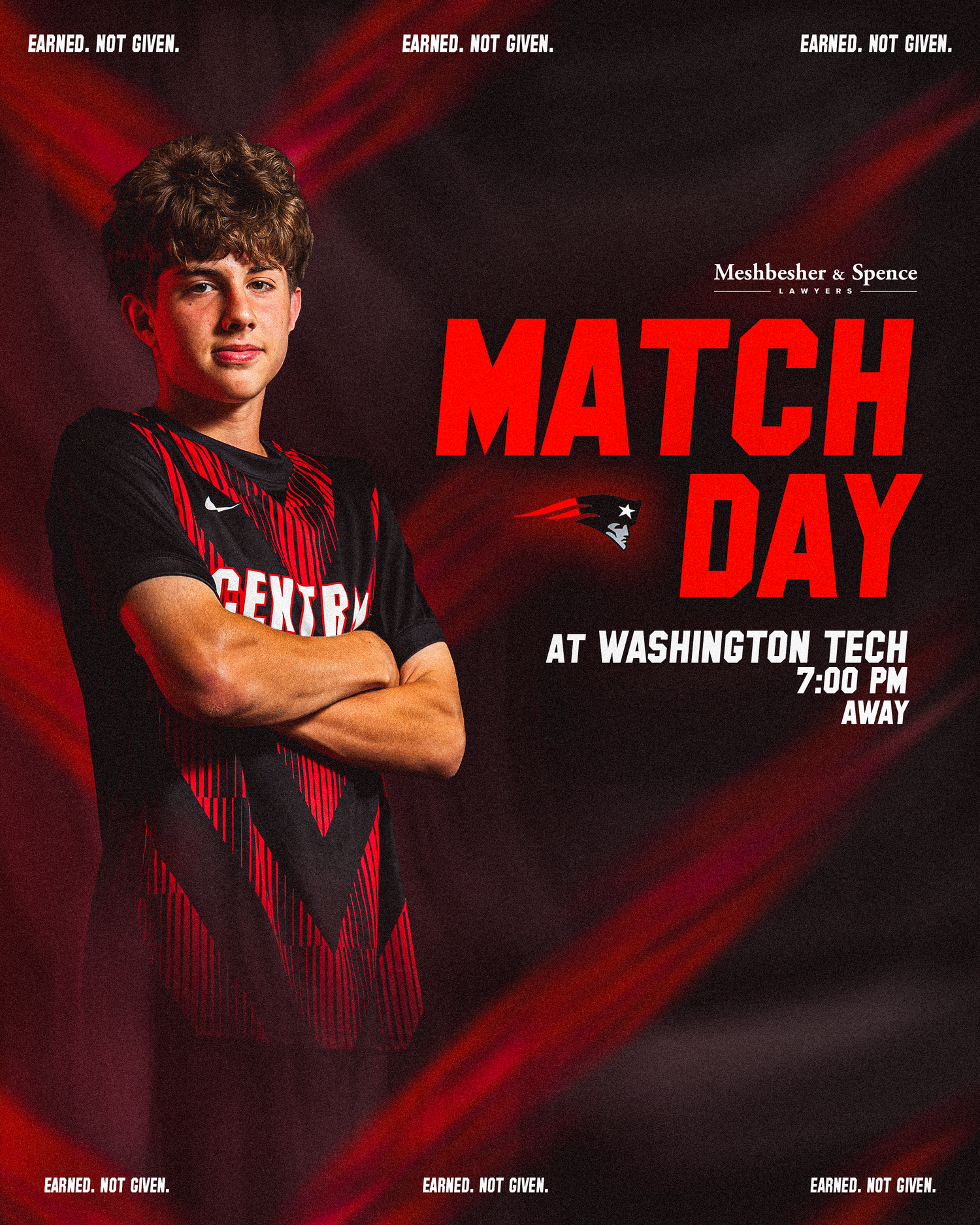 Match Day graphic for a soccer game at Washington Tech at 7:00 PM featuring a young male athlete in a red and black jersey.