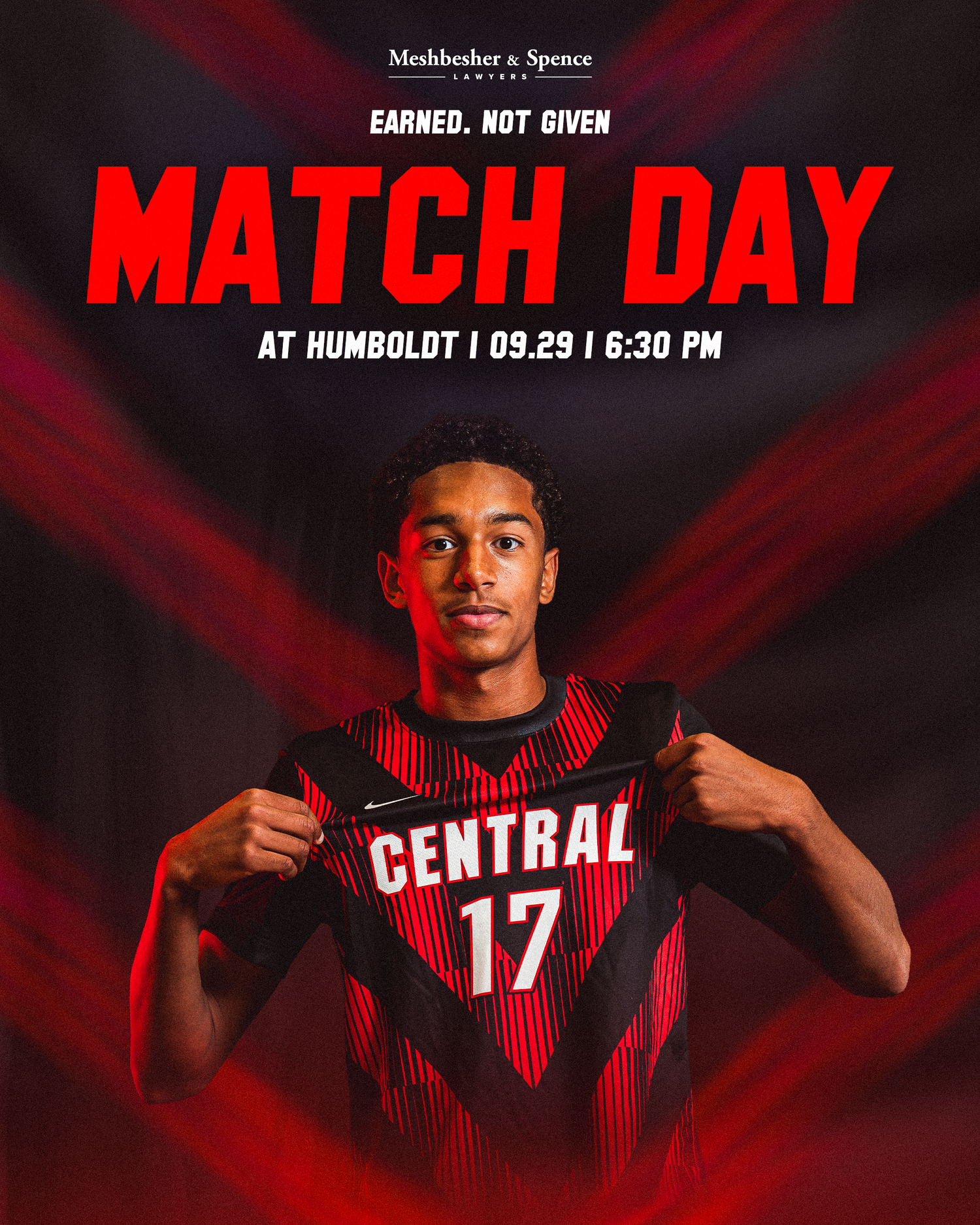 Soccer player holds Central #17 jersey for Match Day at Humboldt on 09.29 at 6:30 PM, sponsored by Meshbesher & Spence.