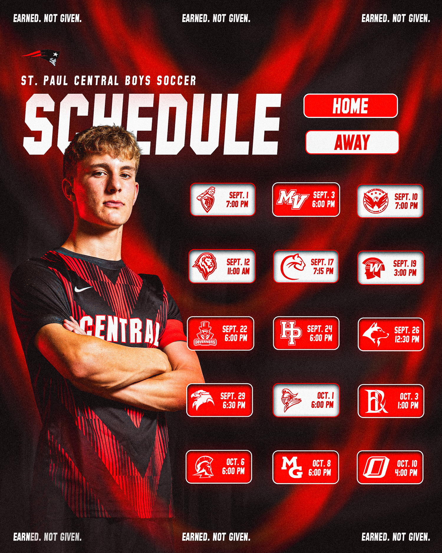 St. Paul Central Boys Soccer schedule poster featuring a player in red and black uniform with home and away game dates.