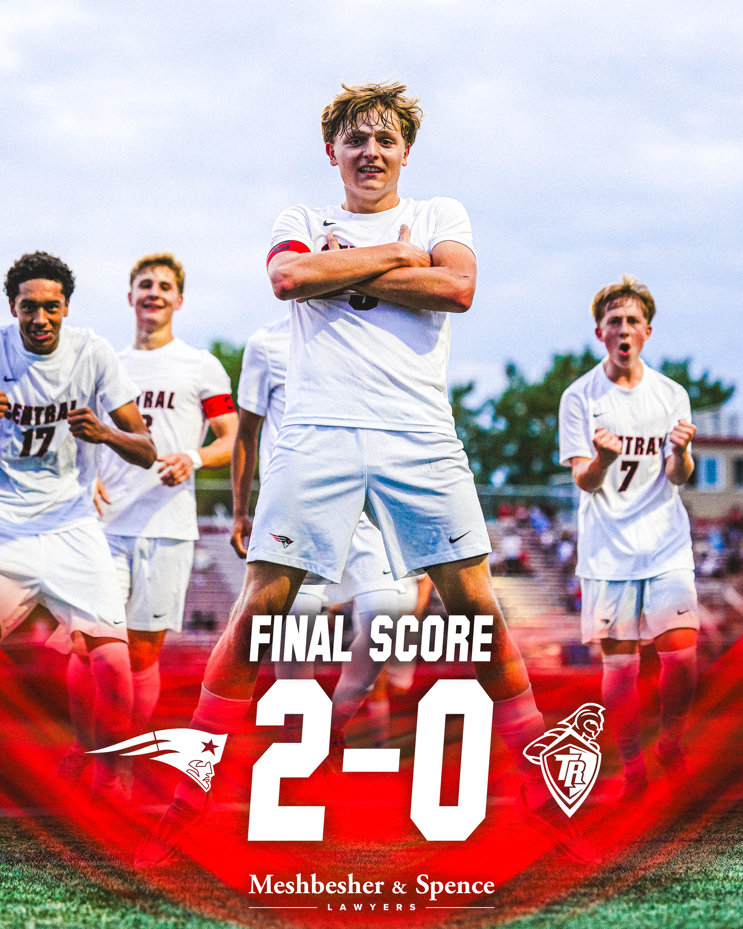 High school soccer team celebrates a 2-0 final score victory, sponsored by Meshbesher & Spence Lawyers.