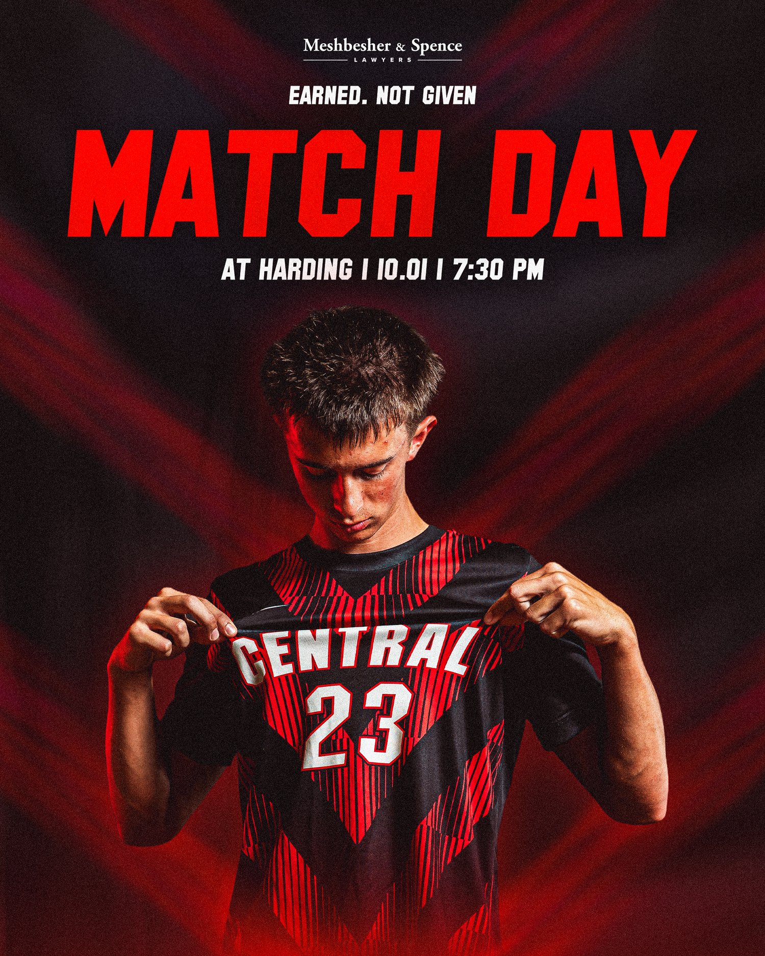 Young athlete holds Central #23 jersey for Match Day at Harding on 10.01 at 7:30 PM, sponsored by Meshbesher & Spence.