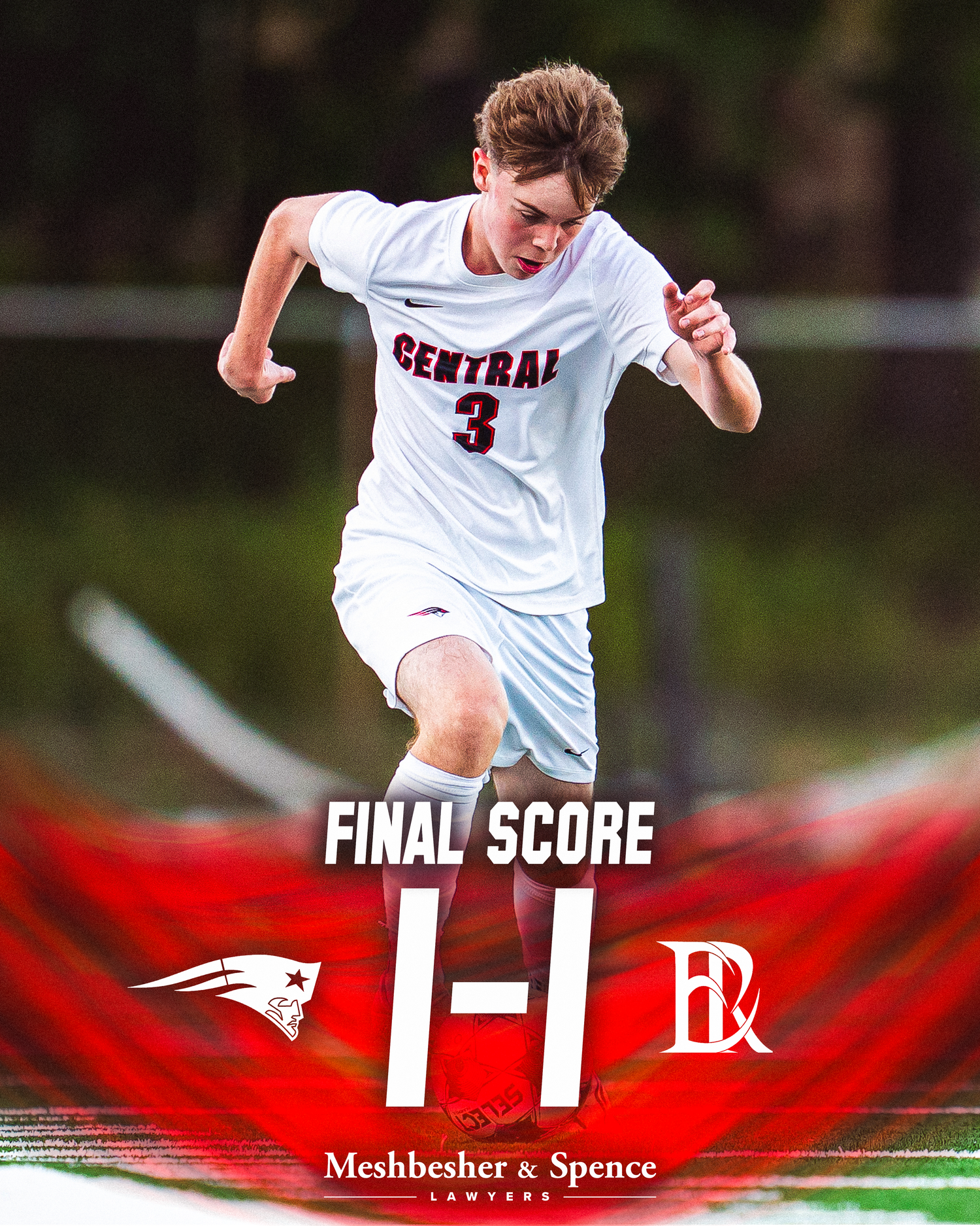 Central soccer player #3 in white uniform running on field, final score graphic shows 1-1 tie, sponsored by Meshbesher & Spence.