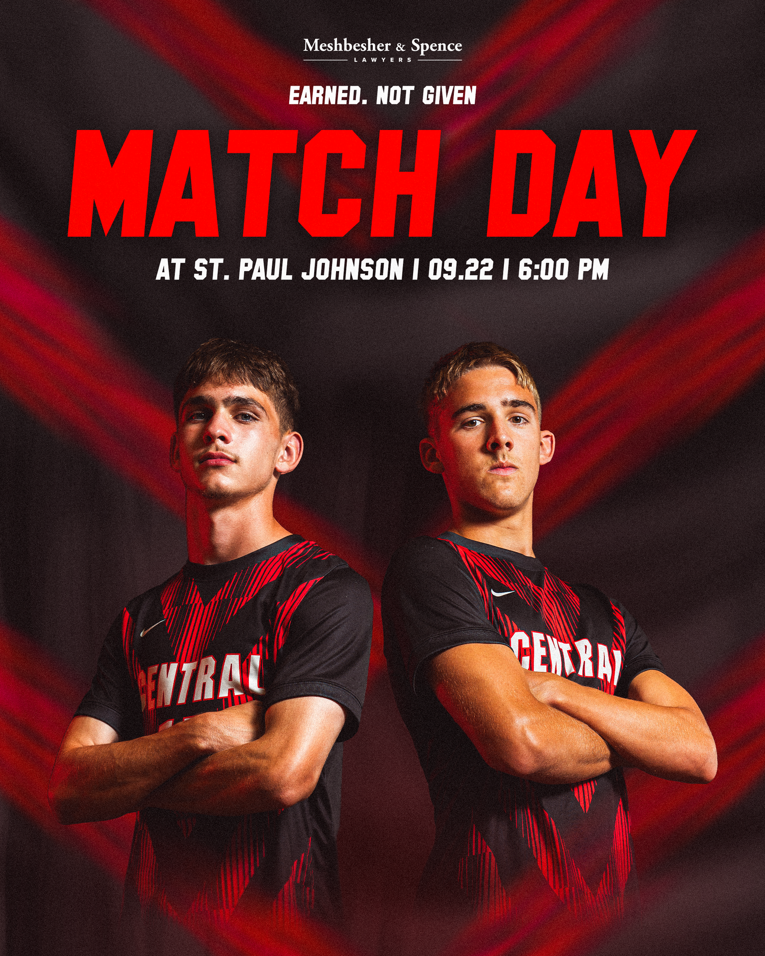 Two Central soccer players pose confidently in red and black uniforms for a Match Day graphic against St. Paul Johnson on 09.22 at 6PM.