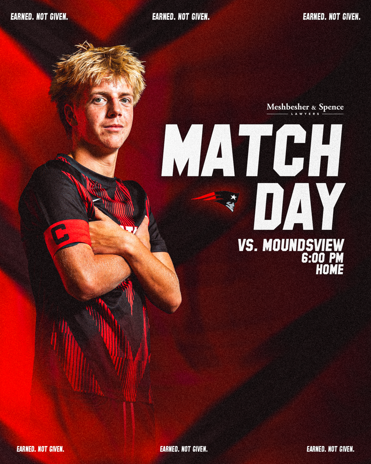 Soccer match day graphic featuring a player in red and black uniform, advertising a home game vs. Moundsview at 6:00 PM.