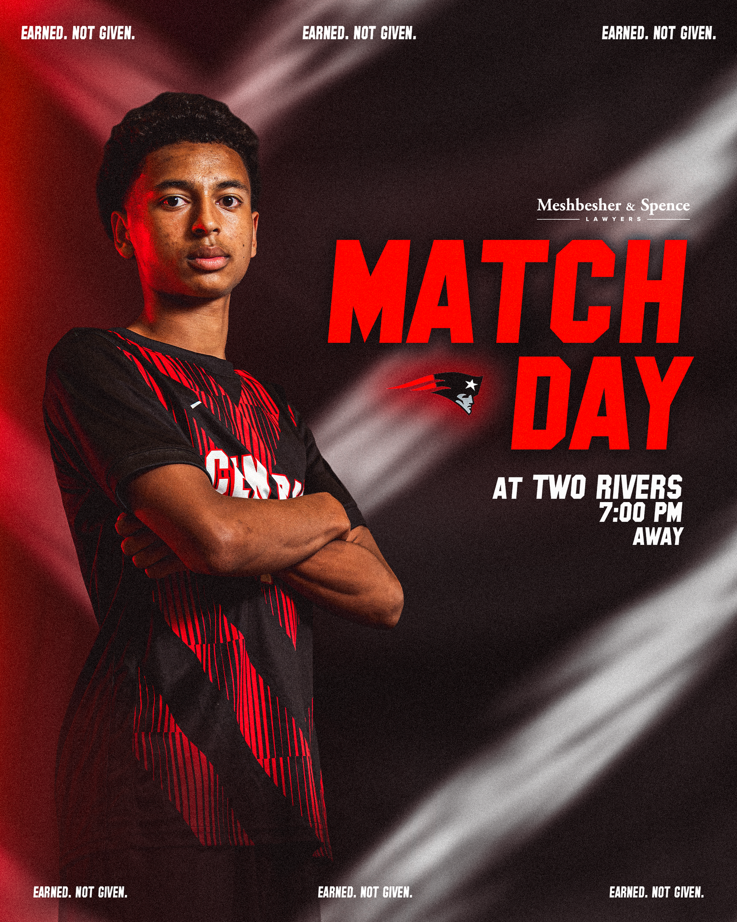 Soccer match day promotional graphic featuring a player in red and black jersey, game at Two Rivers, 7:00 PM away.