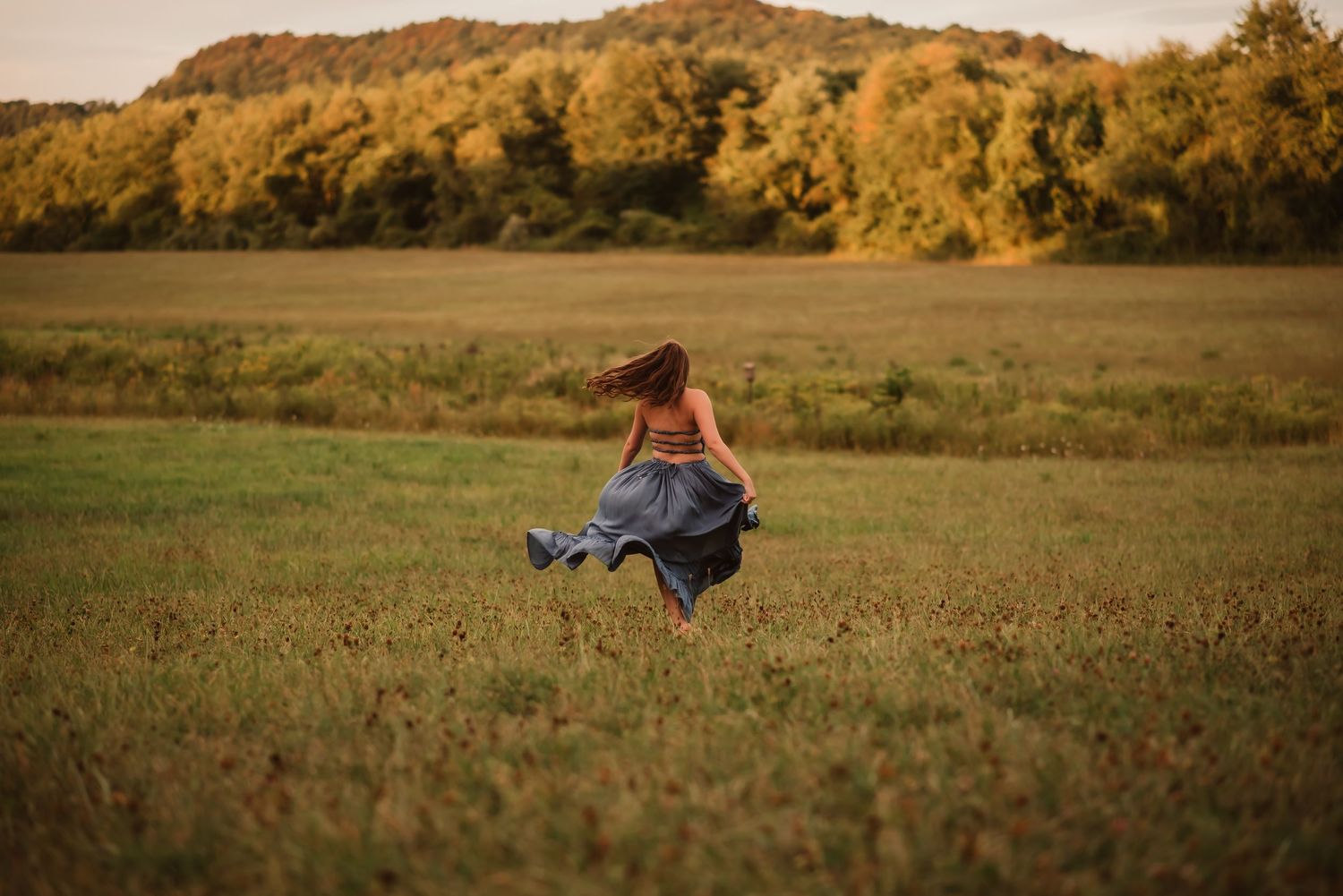 A figure sits in a golden autumn field at sunset with warm glowing light creating a dreamy atmosphere.
