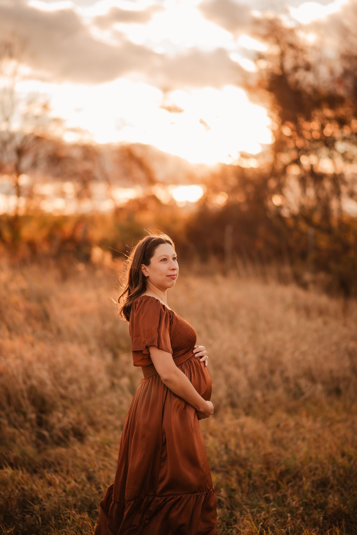 A woman in a brown dress stands in a golden field at sunset while cradling her pregnant belly.