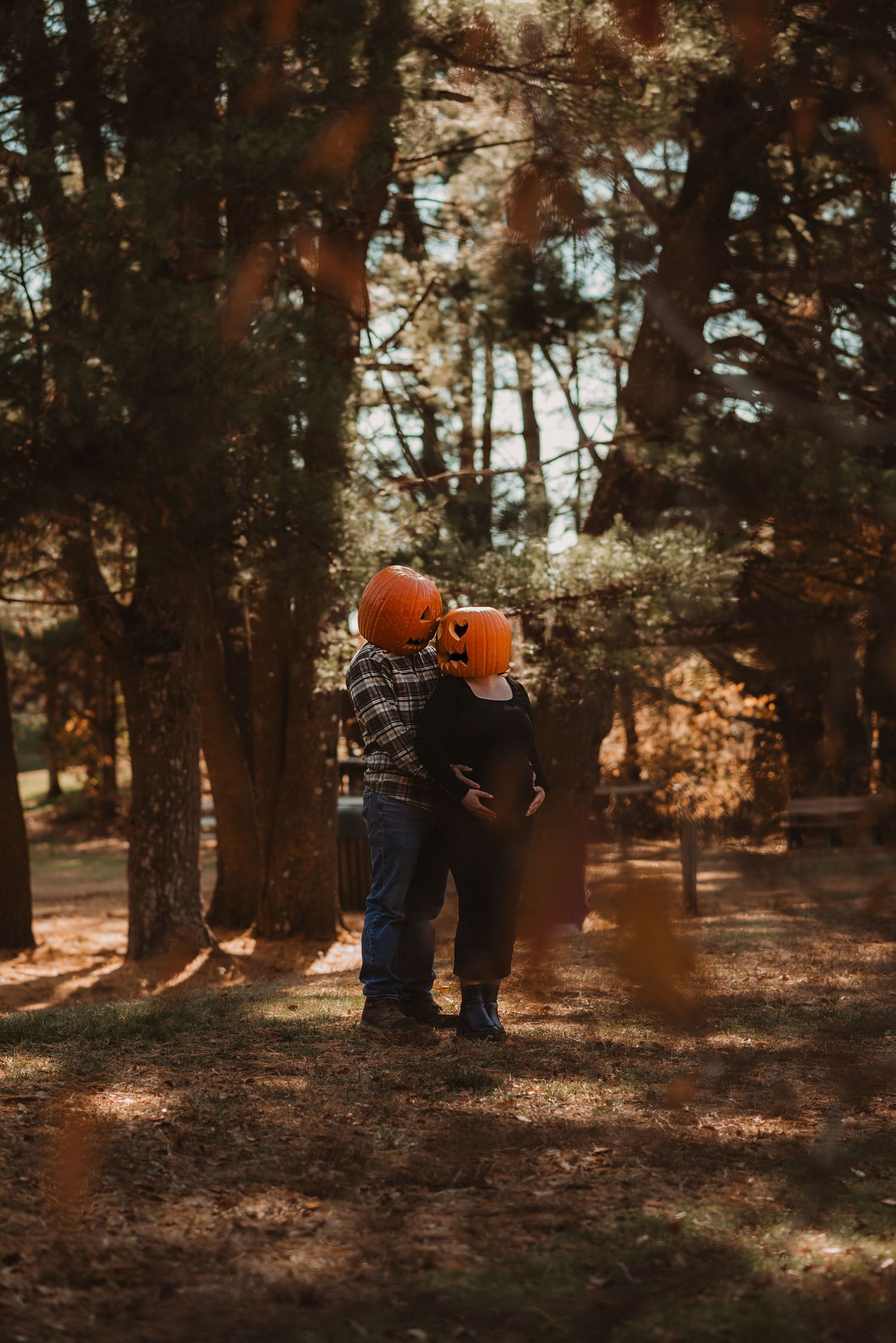 A couple sits together in a sunlit forest during autumn, creating an intimate and romantic atmosphere.