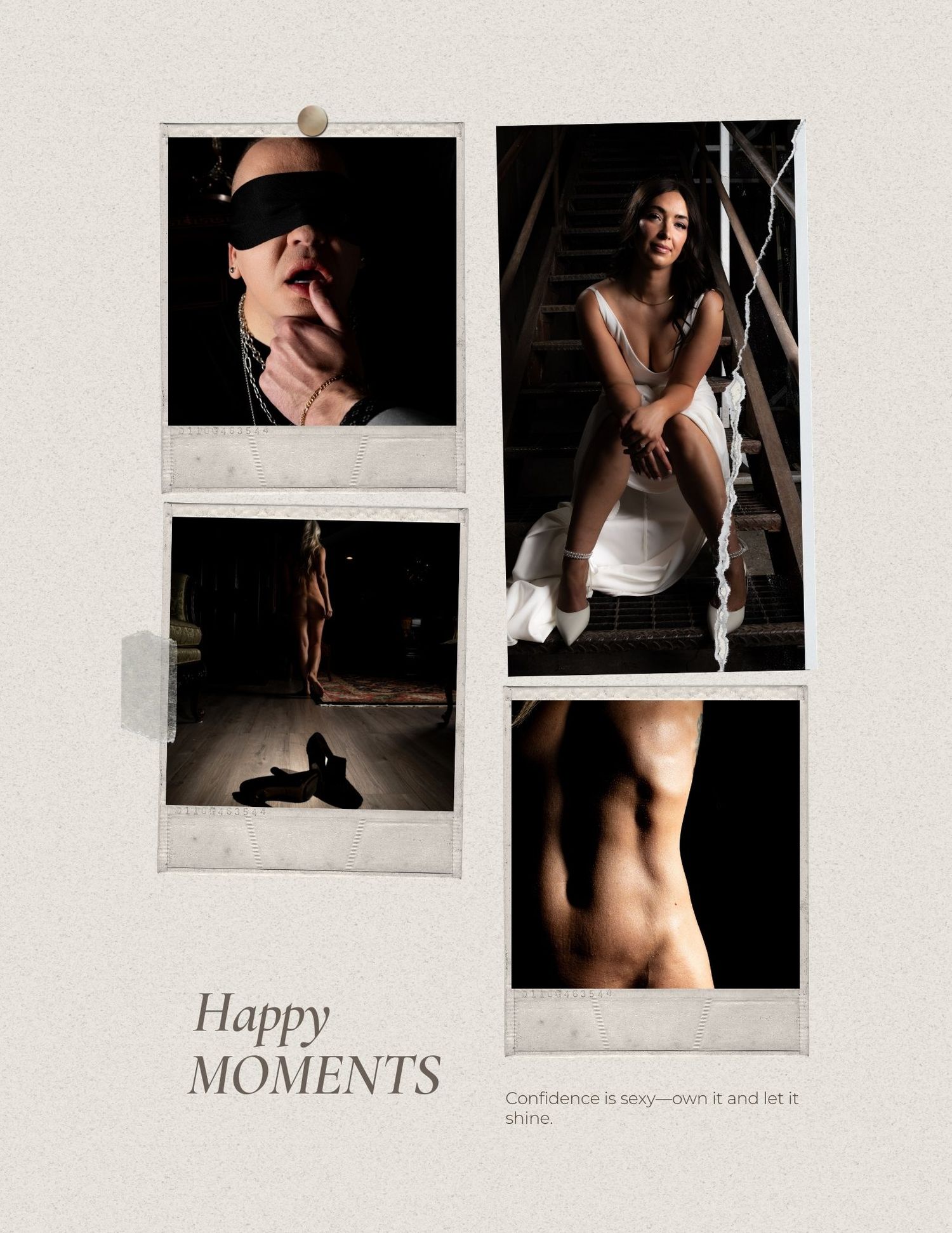 Minimalist photo gallery layout with intimate black and white polaroid style images.