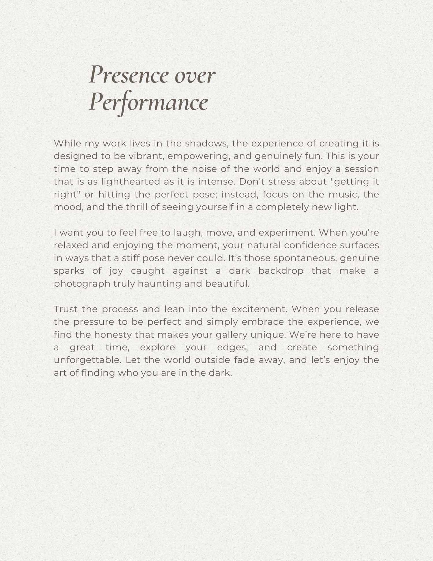 Clean typography layout featuring inspirational text about presence and performance.