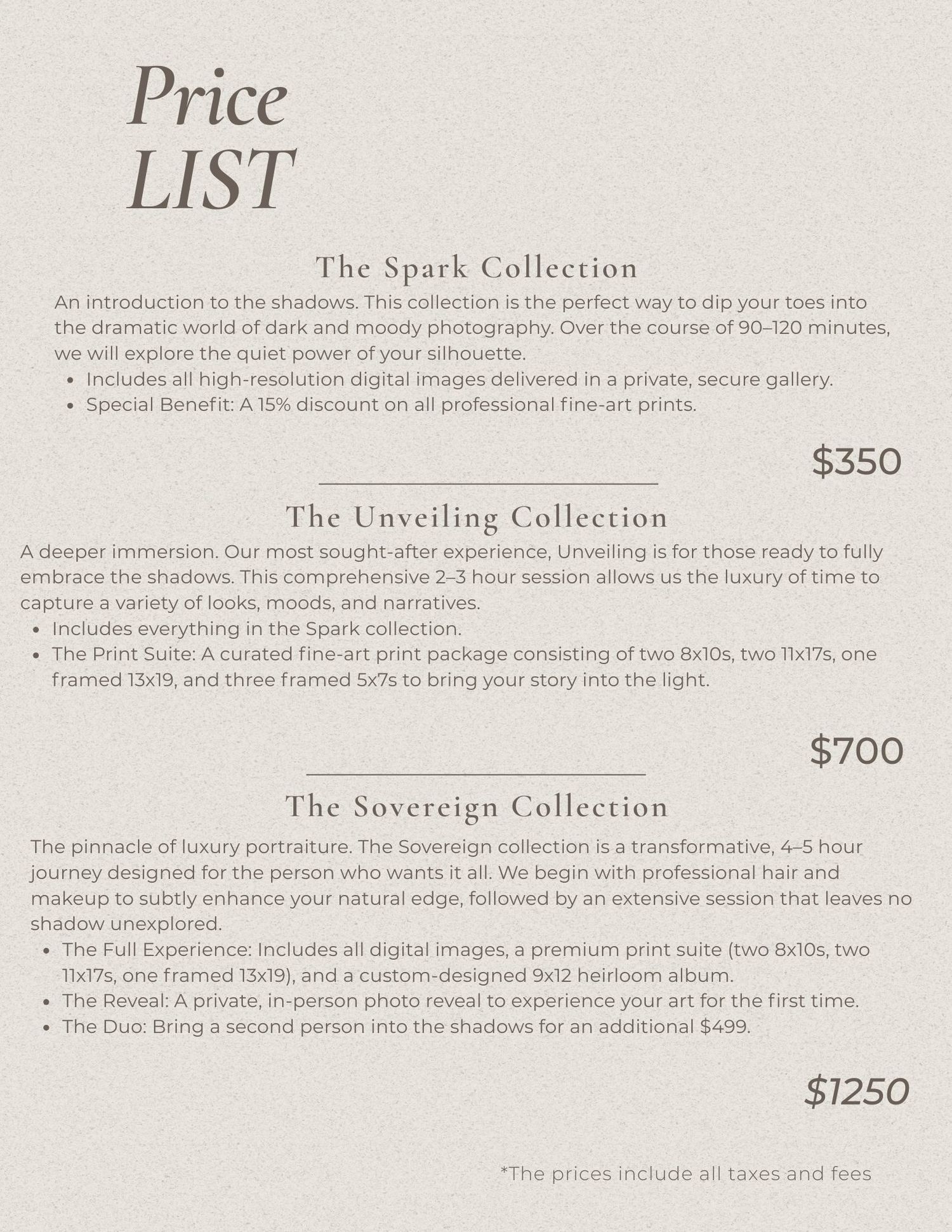 Photography pricing list showing different collection packages ranging from $350 to $1250.