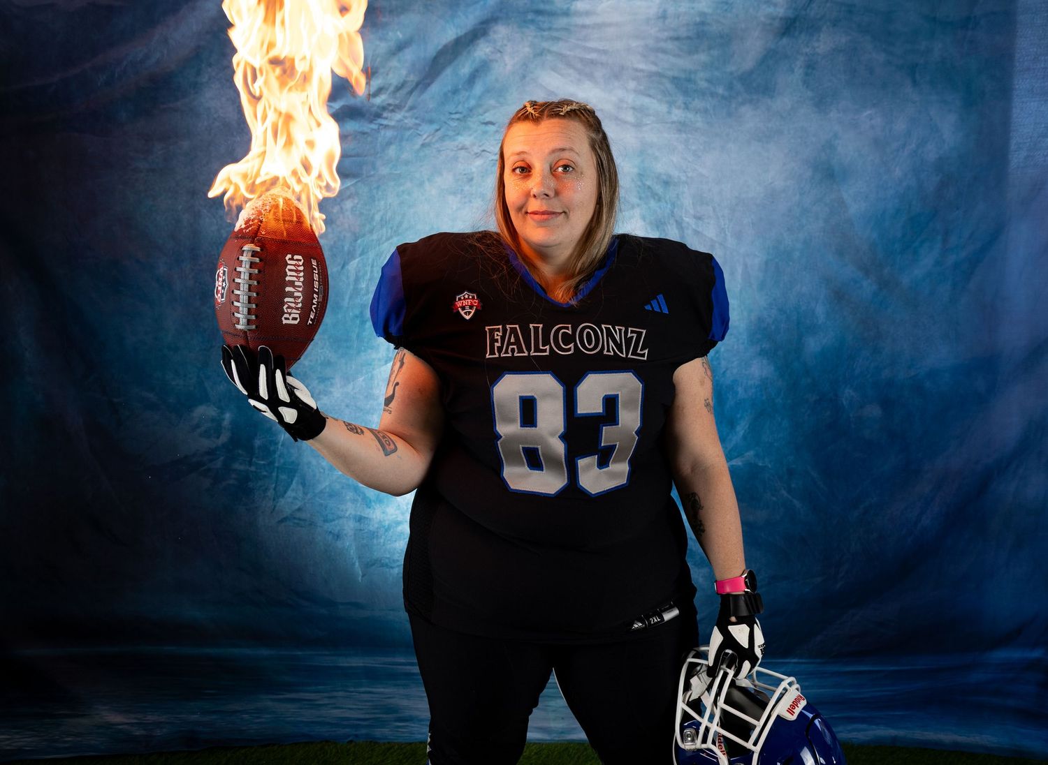 A sequence of sports photos showing a football player posing with fire effects against a dark blue background.