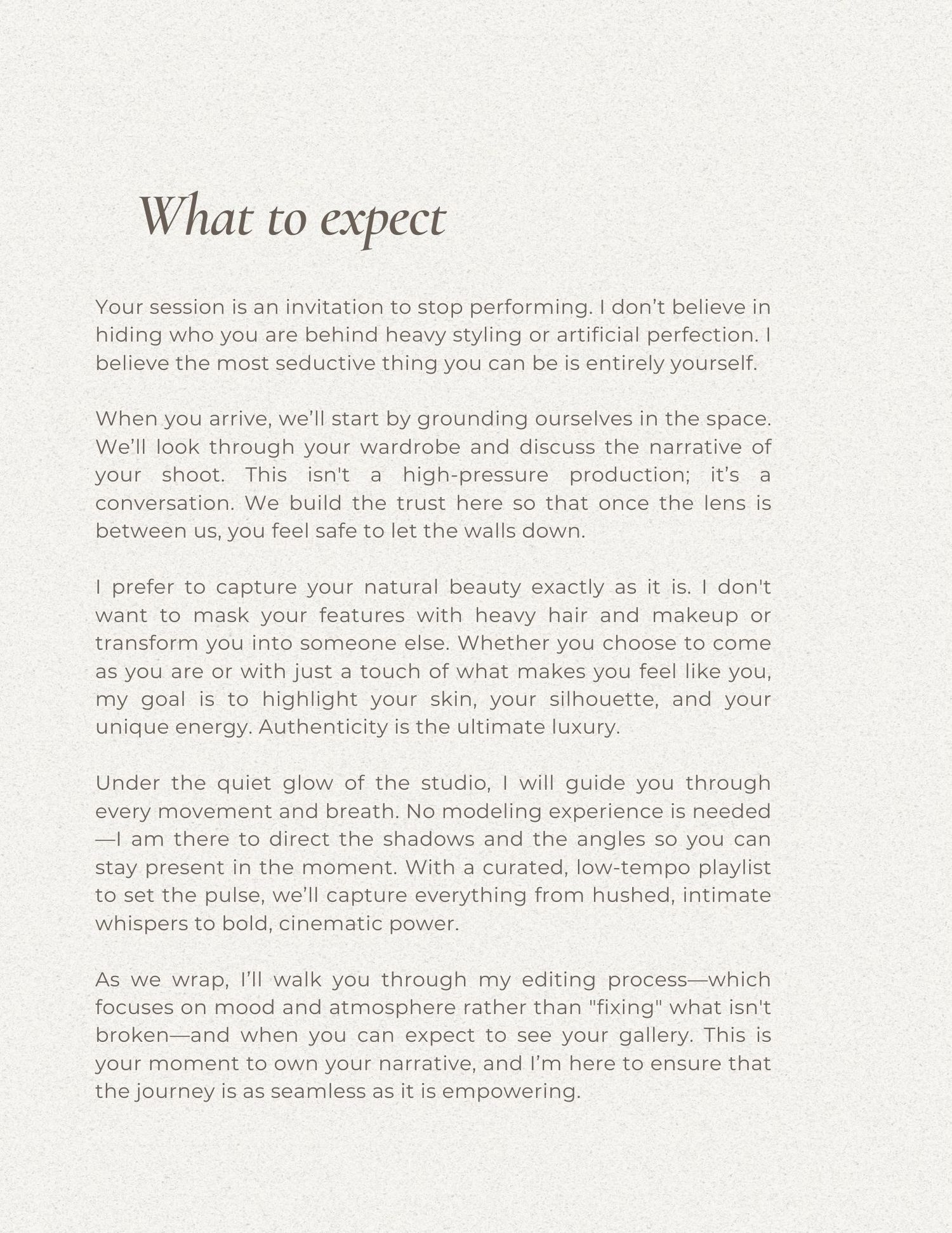 A page titled 'What to expect' shows text discussing authenticity and self-expression in performance sessions.