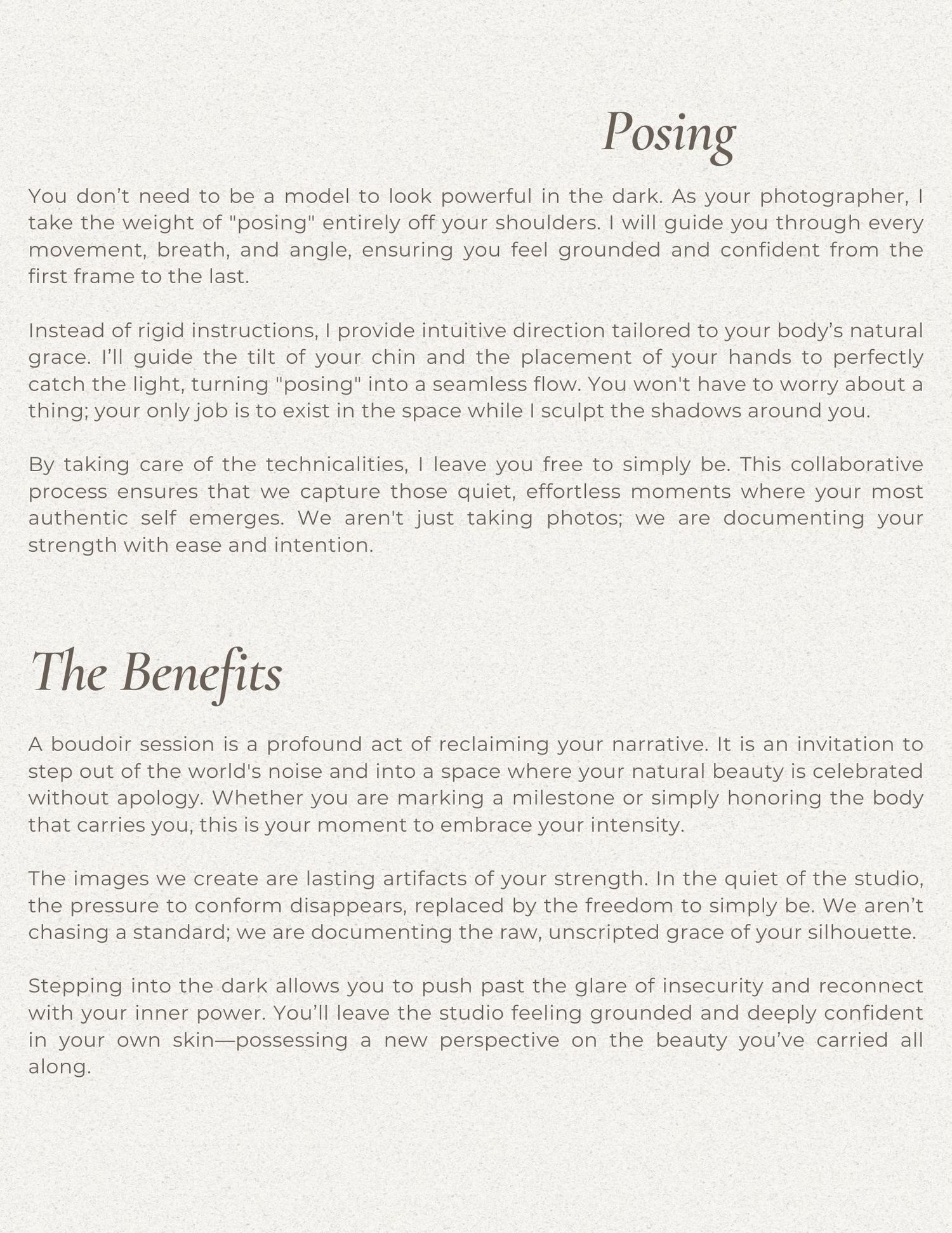 Editorial layout describing posing techniques and photography session benefits.