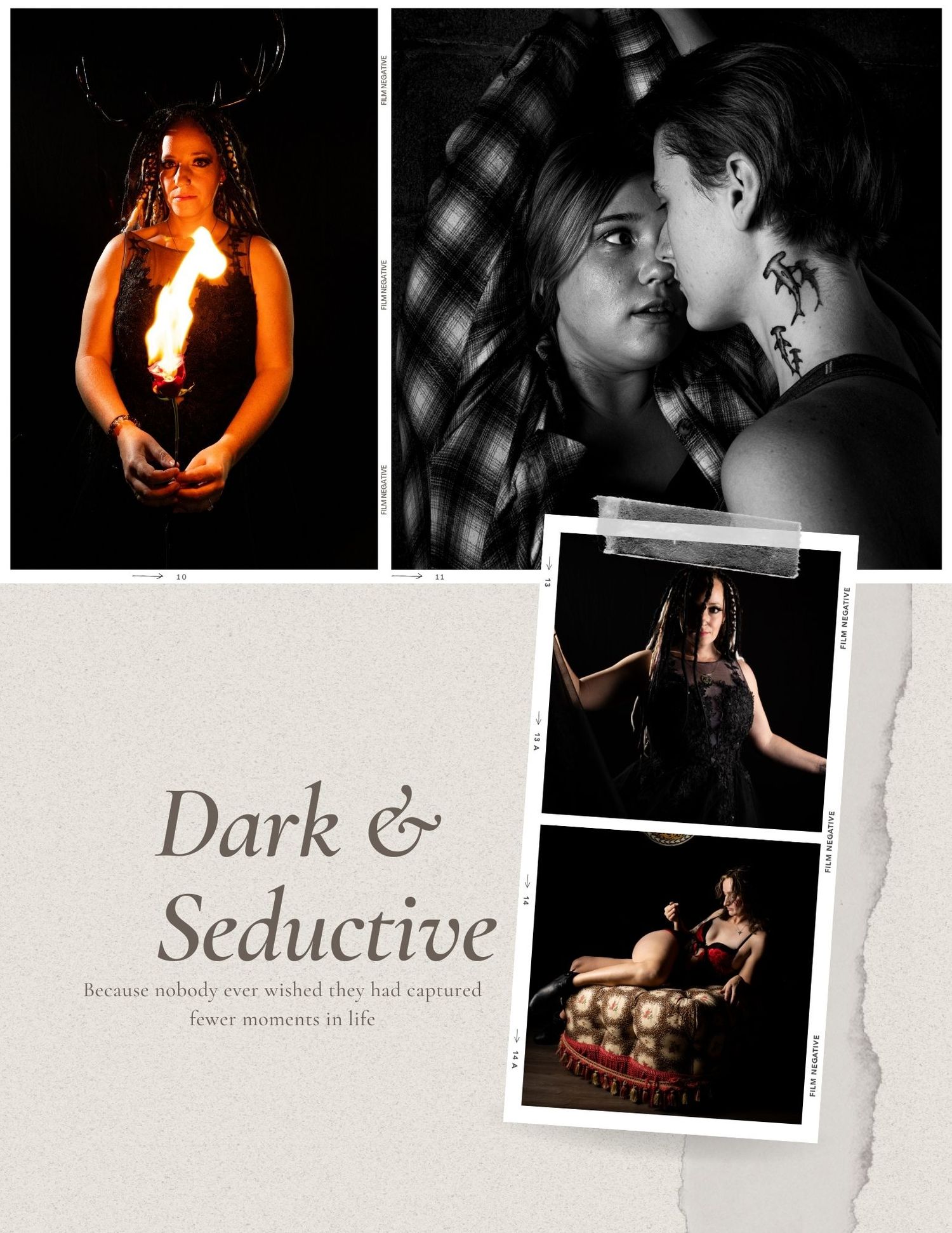 Dark and moody photography portfolio layout with romantic candlelit images.
