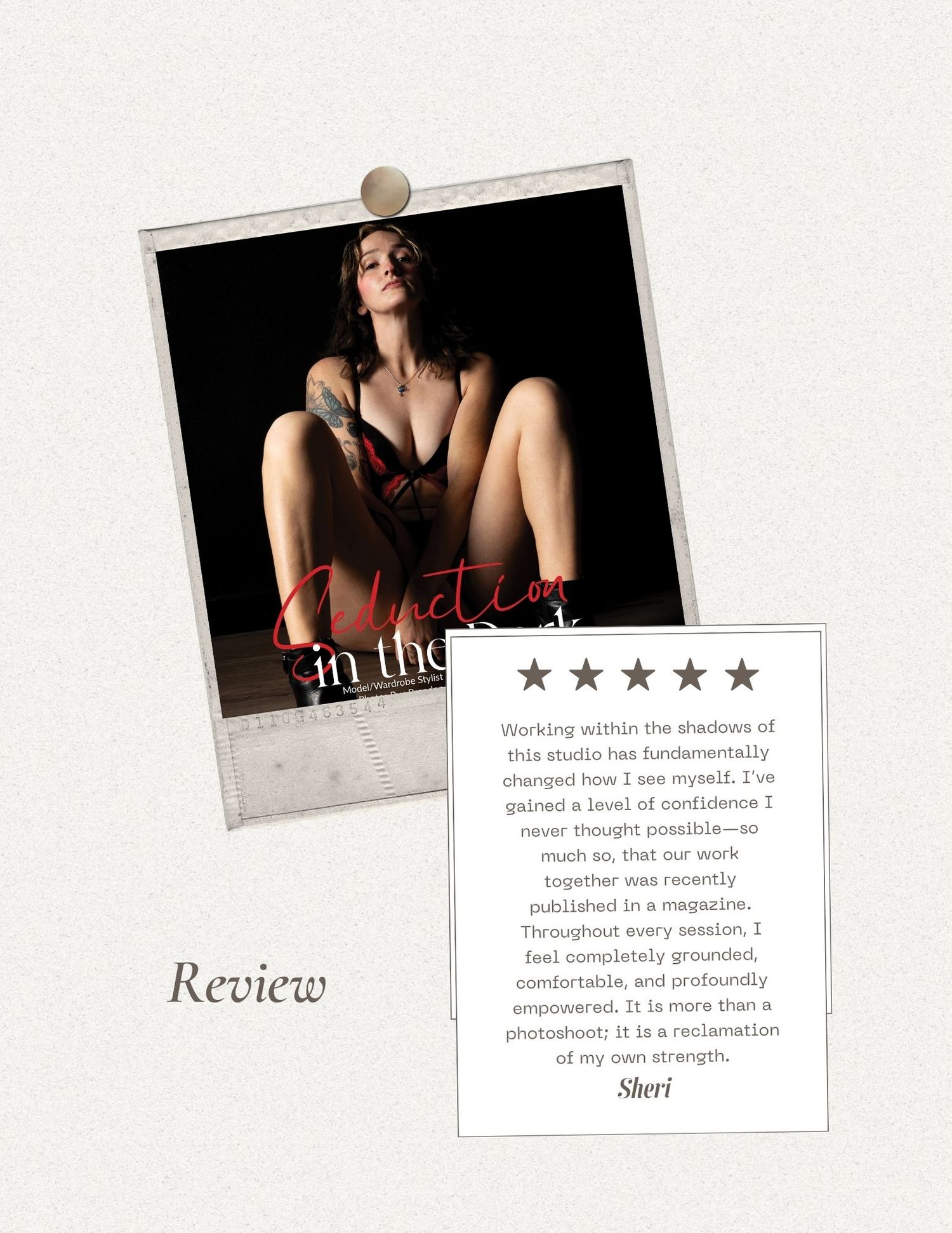 Portfolio review page layout with star rating and sample photography images.