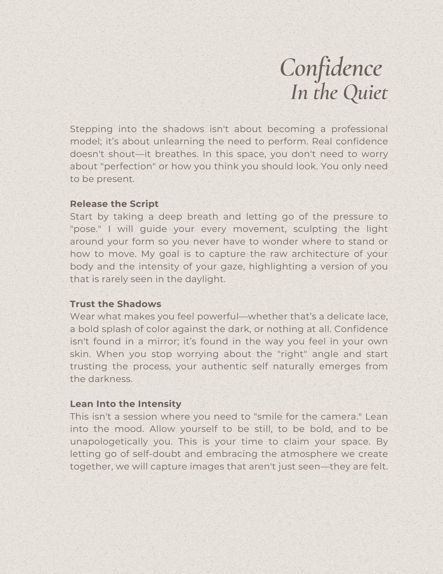 Marketing page with text sections titled 'Confidence' and 'In the Quiet' describing photography services.
