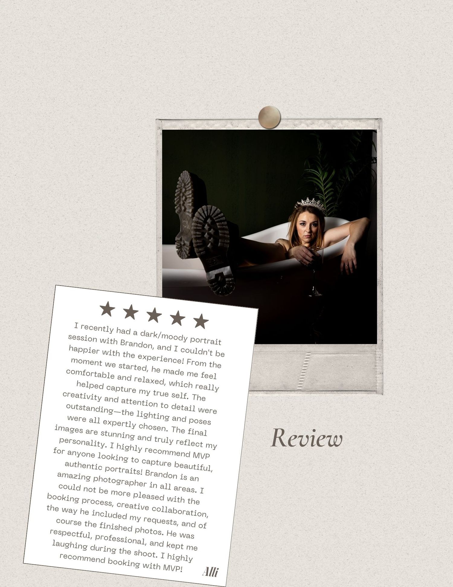 A modern minimalist website design mockup showing review sections with star ratings and text layouts in grayscale tones.