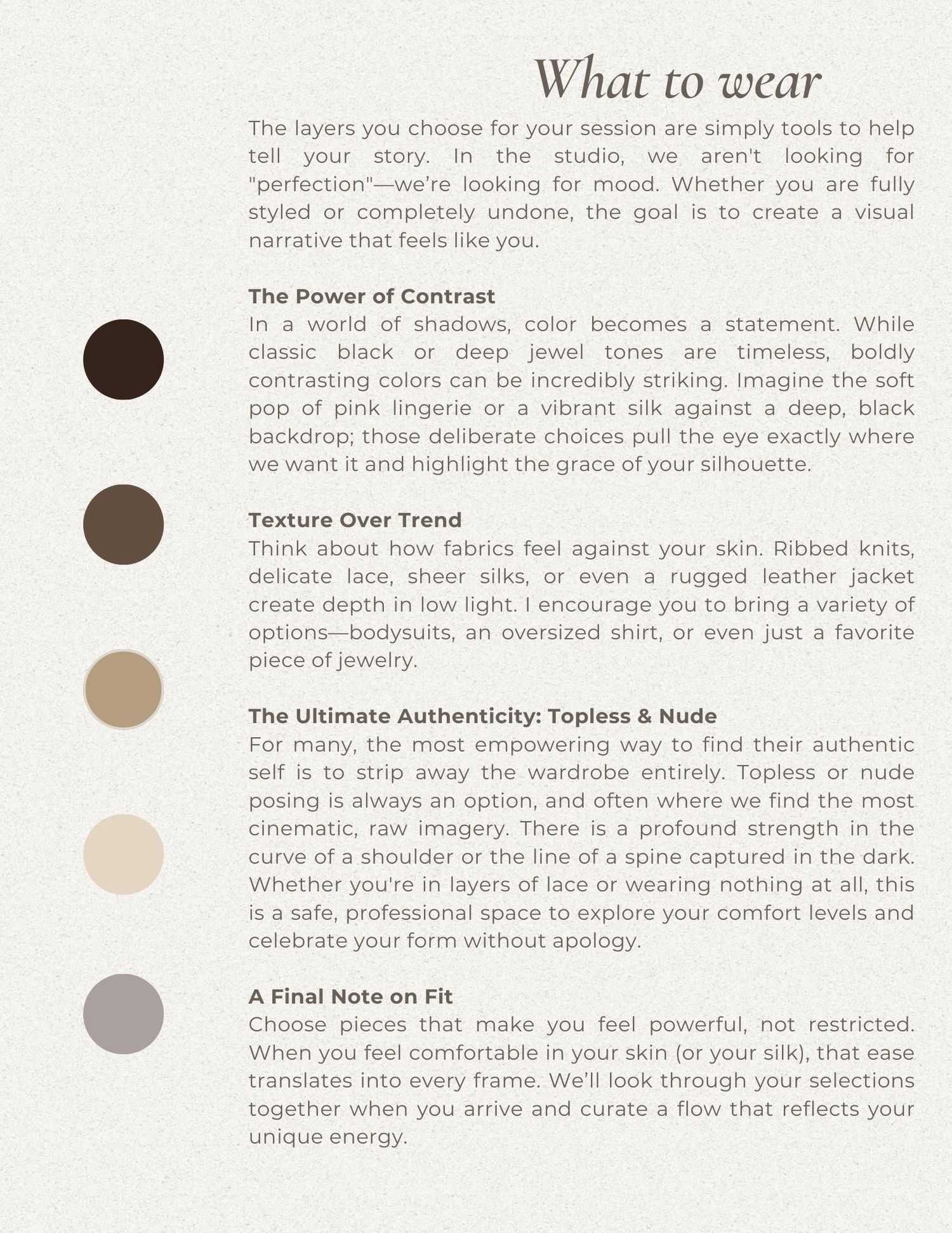 Professional styling guide showing neutral color palette and typography samples.