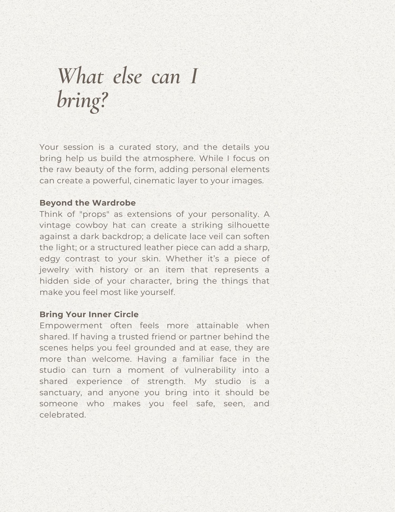 A minimalist page layout with white background showing text snippets about bringing items and personal effects.