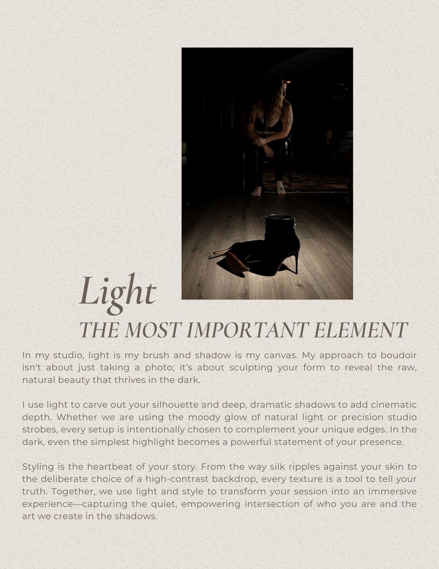 A page spread from a photography book discussing lighting techniques with dark moody images and text about natural light.