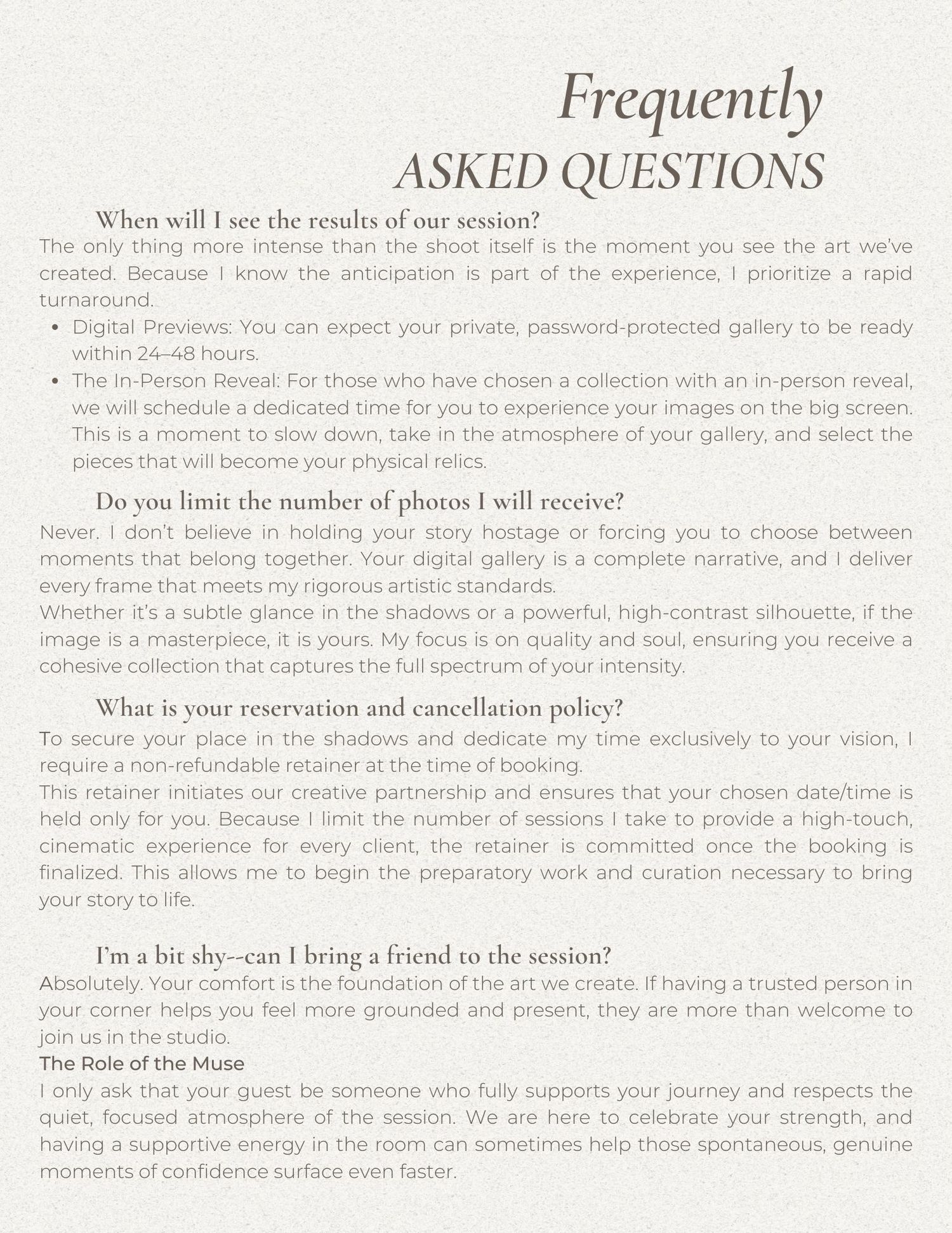 A page of text showing frequently asked questions with handwritten notes and annotations in black ink.