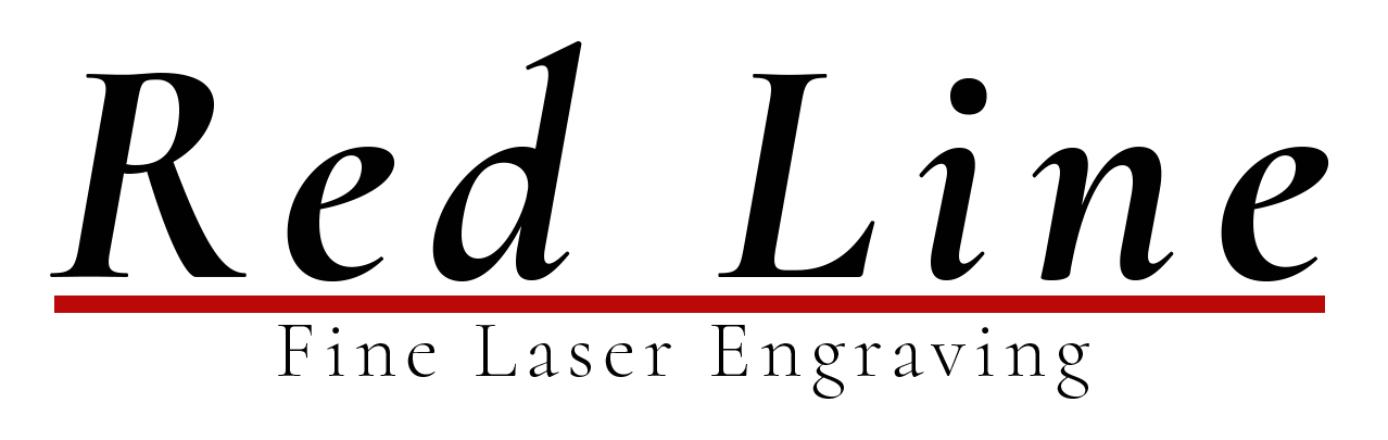 Red Line Fine Laser Engraving company logo with elegant black serif font and red underline accent.