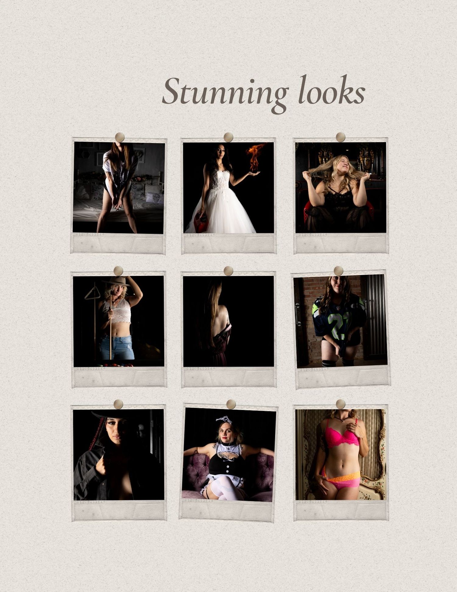 A collection of black and white portrait photography thumbnails arranged in a grid pattern.