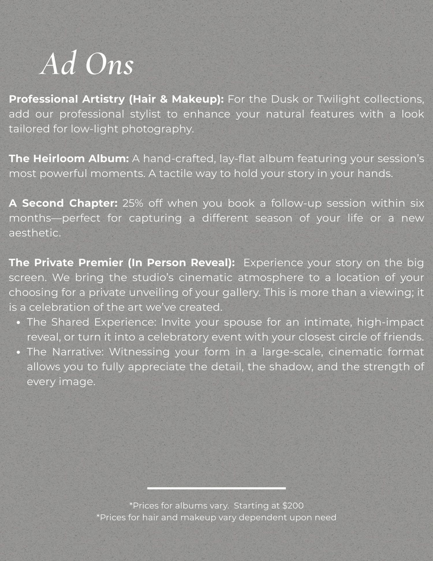 Professional photography pricing page showing 'Ad Ons' section with text about artistry services and premium experiences.