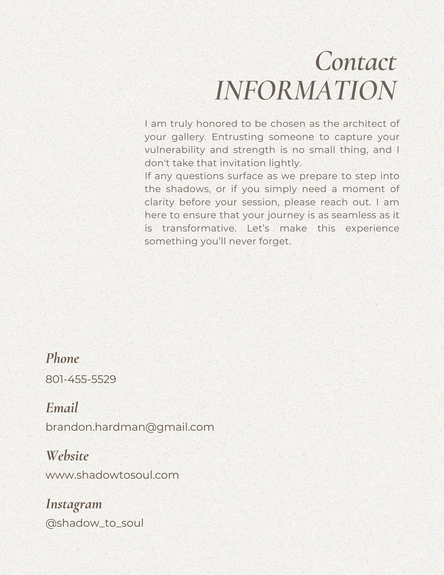 Clean and minimalist contact information page showing phone number, email, website and Instagram details in elegant typography.