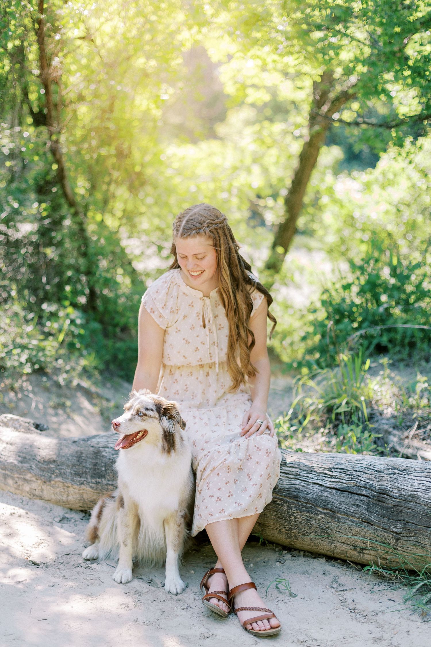Senior portraits in open field with soft light, timeless and natural senior photography DFW with dog, senior photo at dinosaur valley state