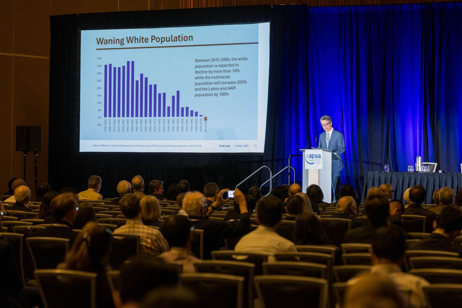 Speaker presents Waning White Population demographic data chart to large conference audience at the Vancouver Convention Centre