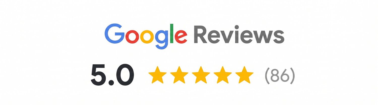 Google Reviews badge showing a 5.0 star rating based on 86 customer reviews.