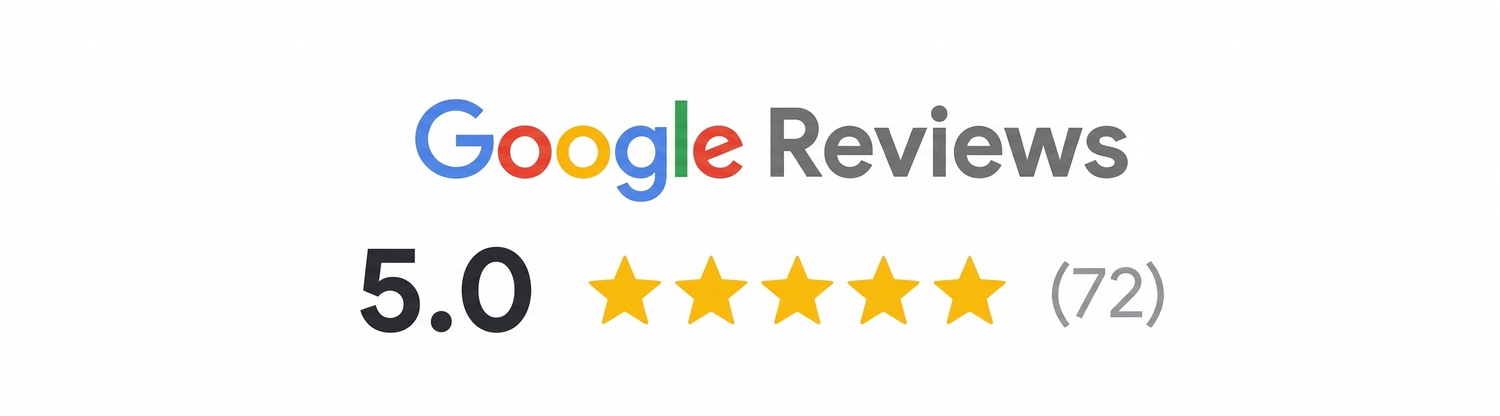 Google Reviews badge displaying a 5.0 star rating with 72 customer reviews.