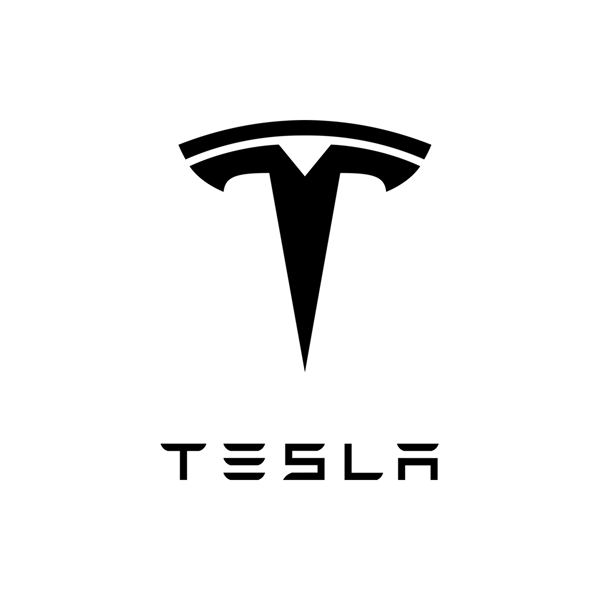 Tesla logo featuring the iconic T emblem in black with the brand name below.