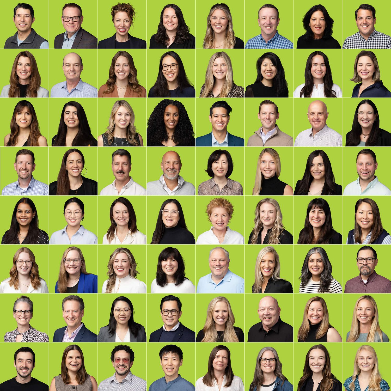 A vibrant collage of diverse professional headshots against a bright green background showcasing a company team.