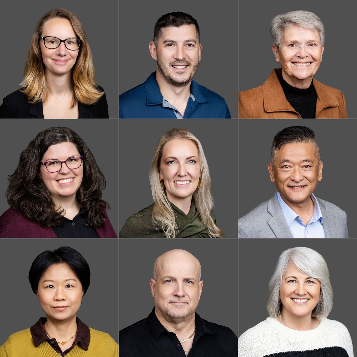 A professional headshot collage of nine diverse business people posing against a gray background.