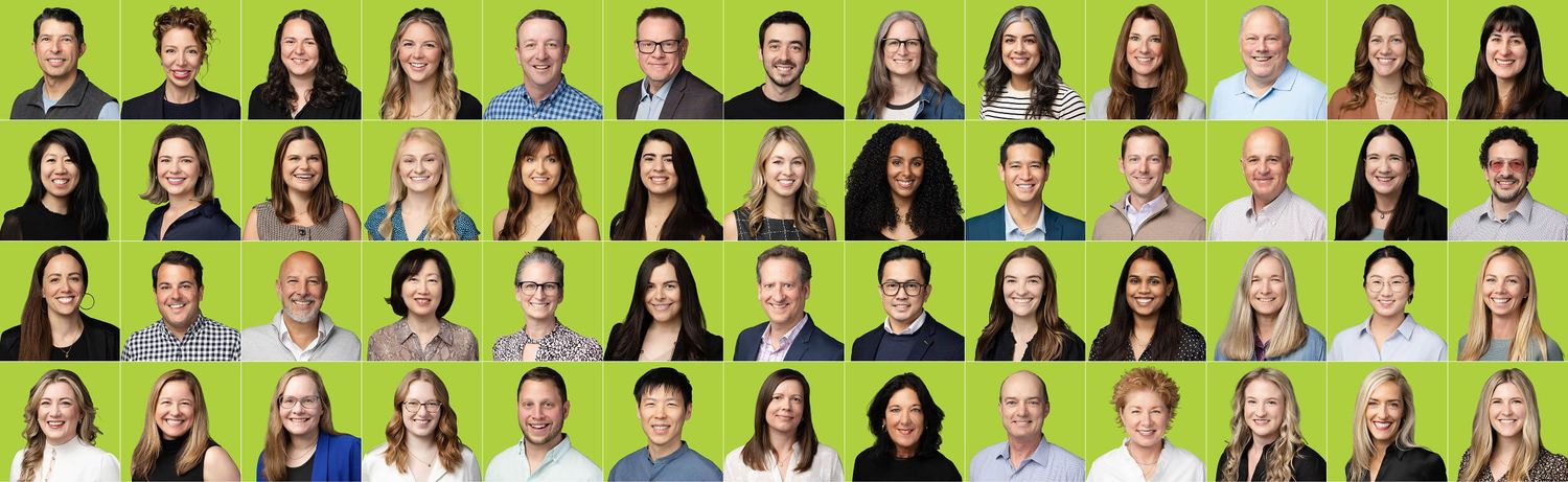 A diverse group of smiling professionals from Nature's Path Organic sales team posing for headshots against a bright green background.