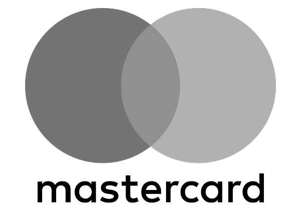Mastercard logo featuring two overlapping circles in gray tones with the brand name below.