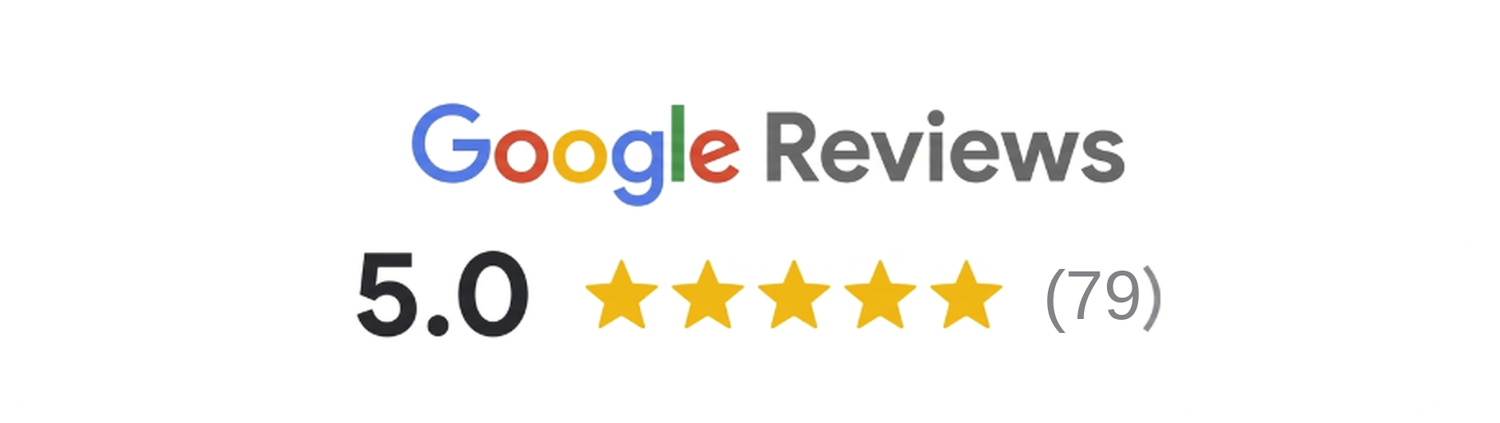 Google Reviews badge showing a 5.0 star rating with 79 reviews and five gold stars.