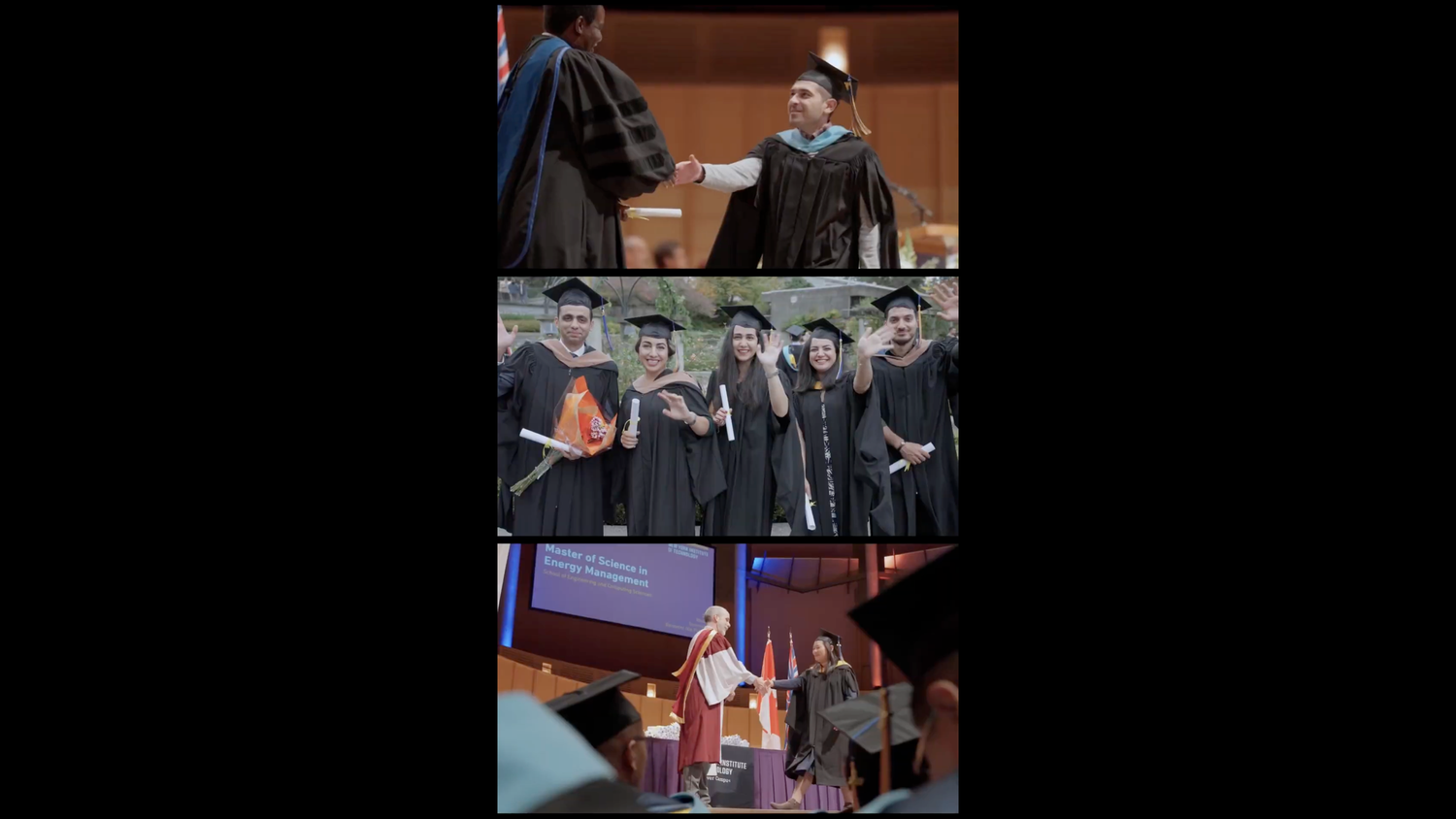 A college graduation ceremony collage showing diploma handshake, graduates posing in caps and gowns, and a speaker on stage.