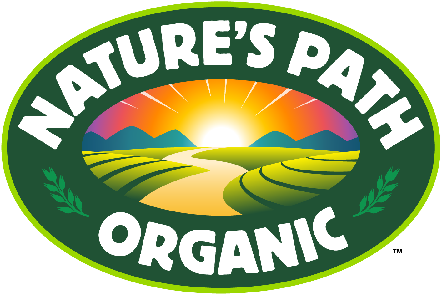 Nature's Path Organic logo featuring a scenic sunrise over green fields in an oval badge design.