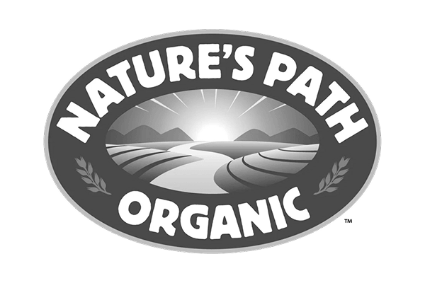 Nature's Path Organic logo featuring an oval emblem with a scenic landscape and wheat sprigs in grayscale.