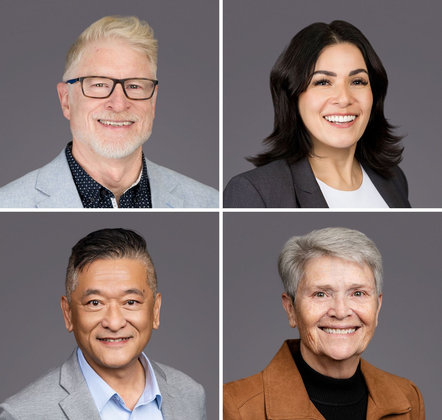 A professional headshot collage featuring four diverse business professionals smiling against a gray background.