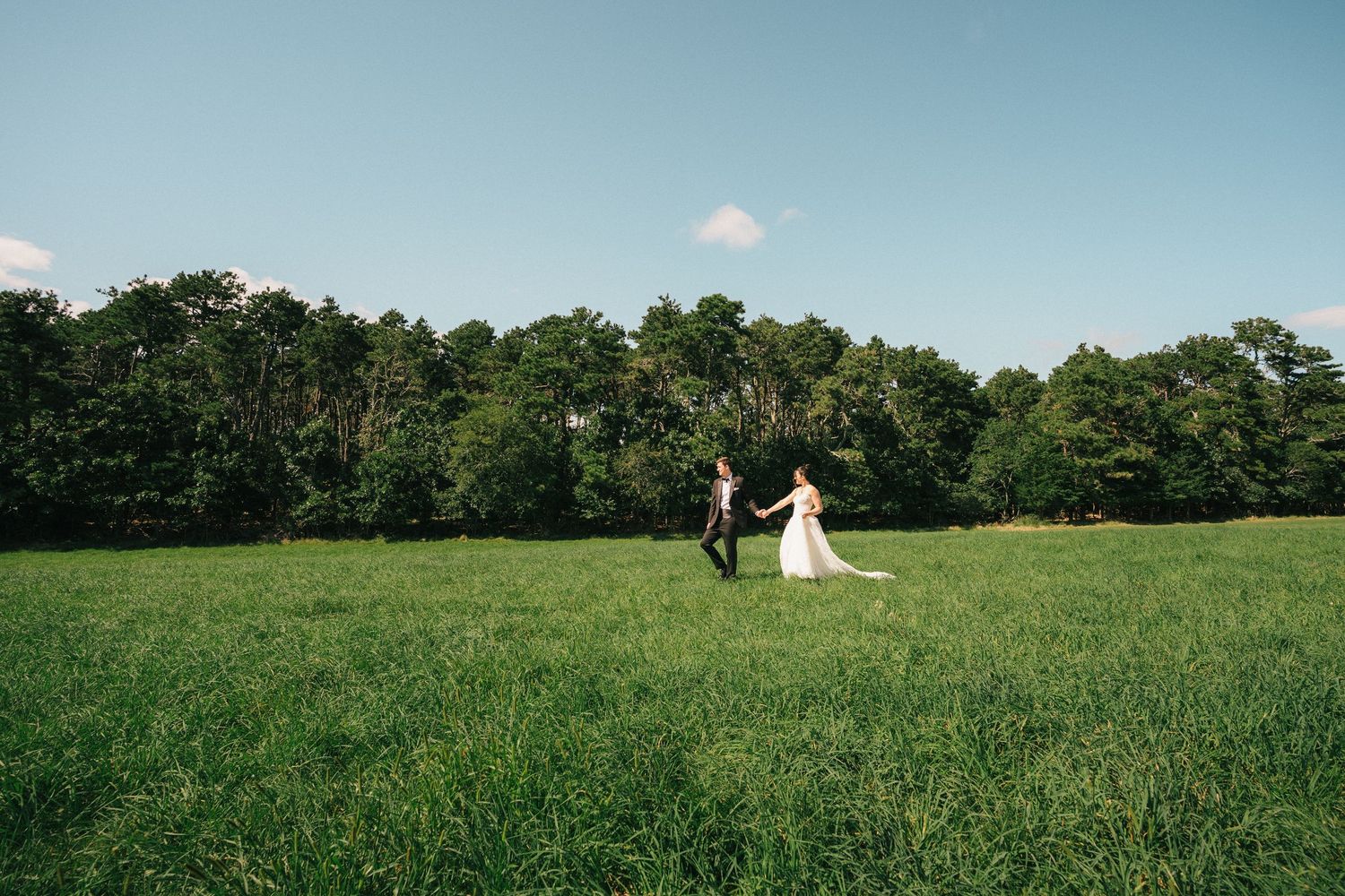 A bride and groom walk hand in hand across a lush green meadow with a forest backdrop under a clear blue sky.