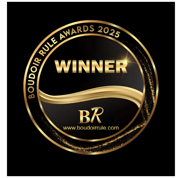 Boudoir Rule Awards 2025 Winner gold medallion seal with BR logo on black background.