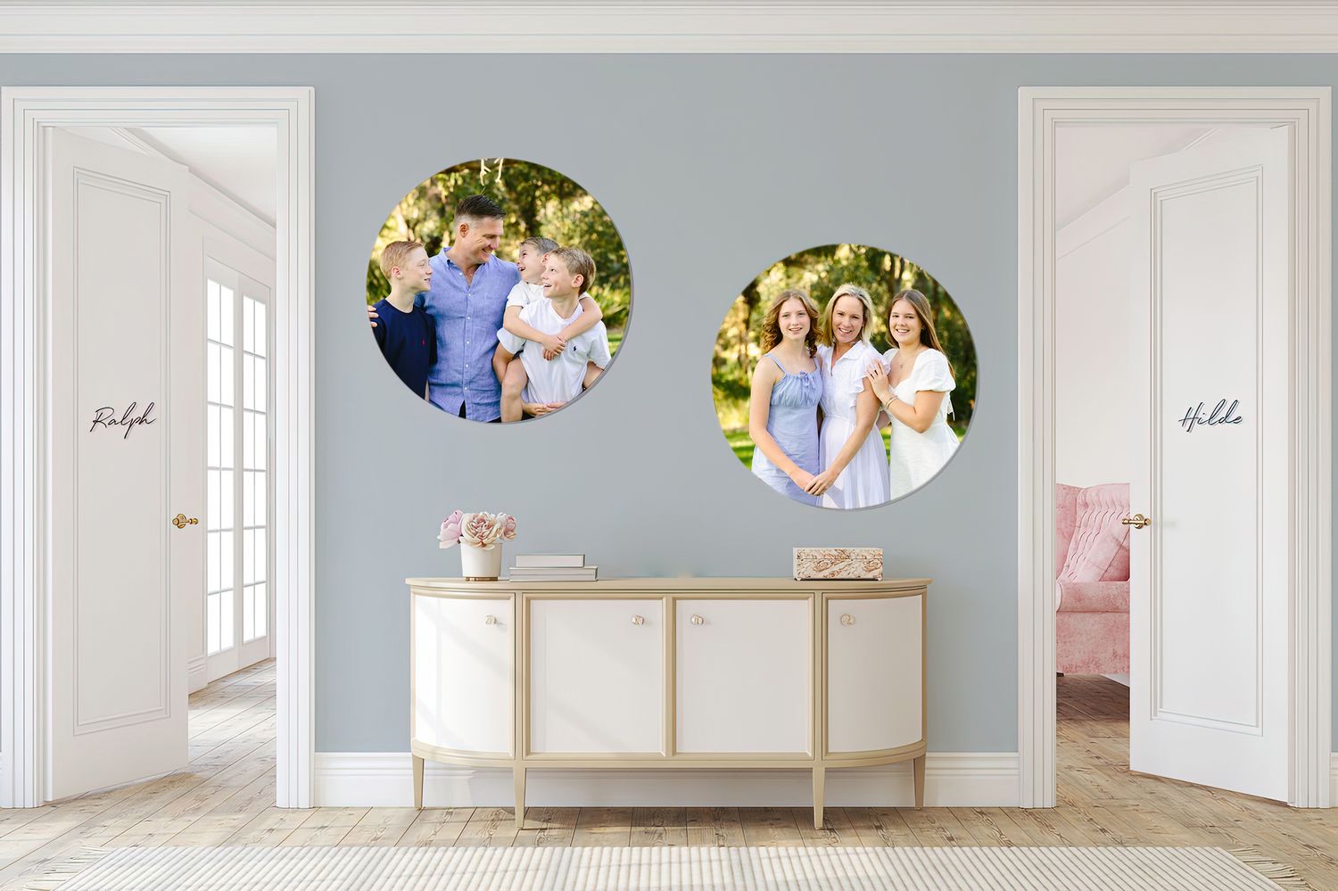 Light blue walls complement white furniture and decor in a bright, airy living room interior design.
