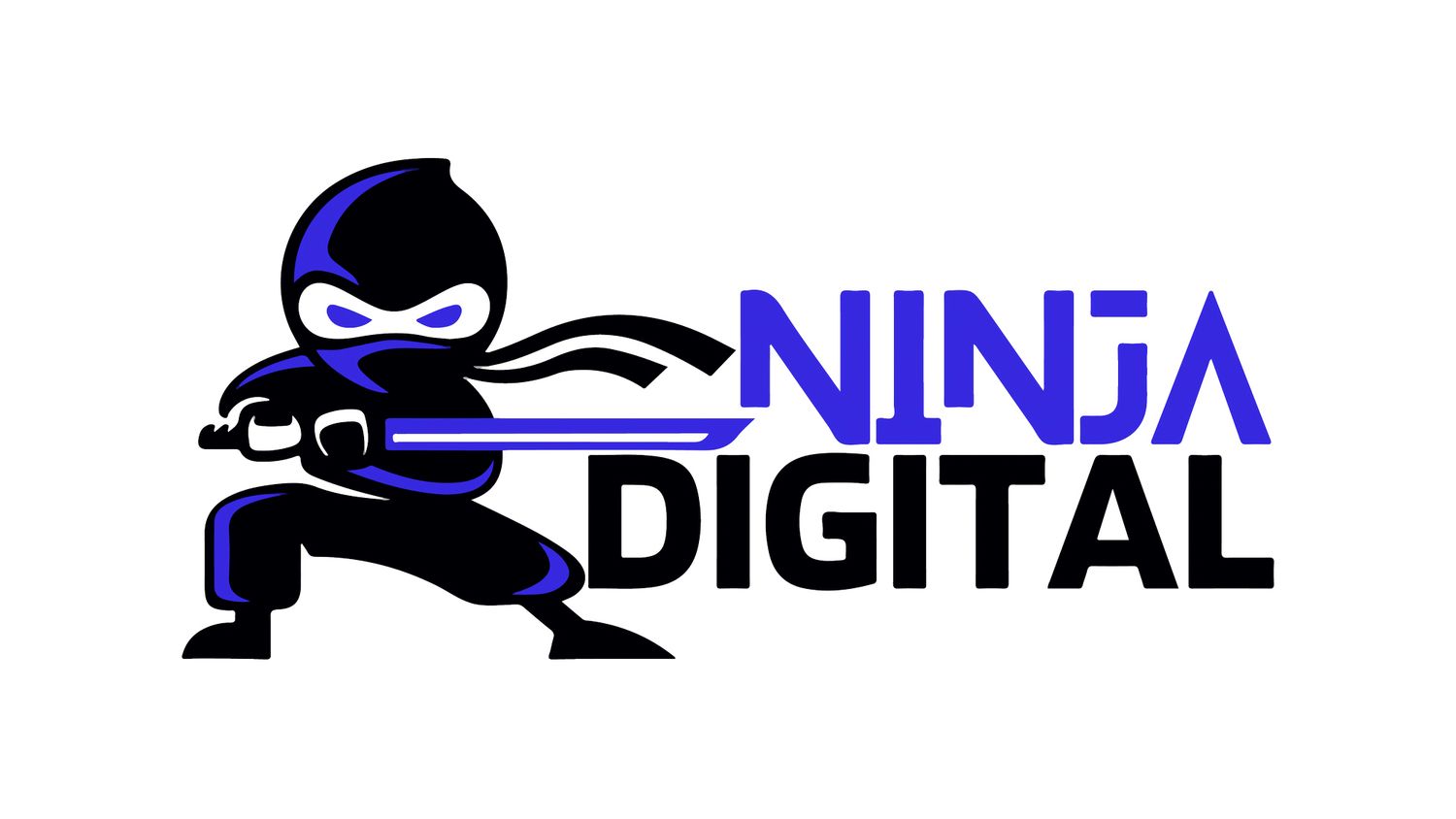 Three variations of a black ninja logo design with text for a digital company branding concept.