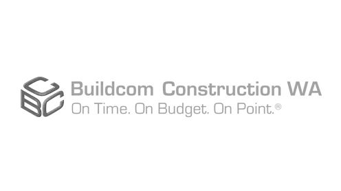 Construction company logo for Buildcom Construction WA with a geometric cube icon and tagline 
